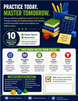 10 Michigan M STEP Grade 5 Math Practice Tests workbook back cover showing Michigan M STEP Grade 5 Math skills and answer support
