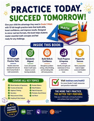 10 Virginia SOL Grade 3 Math Practice Tests workbook back cover showing Virginia SOL Grade 3 Math skills and answer support