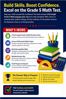 3 Illinois IAR Grade 5 Math Practice Tests workbook back cover showing Illinois IAR Grade 5 Math skills and answer support