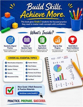 4 Alaska AK STAR Grade 3 Math Practice Tests workbook back cover showing Alaska AK STAR Grade 3 Math skills and answer support