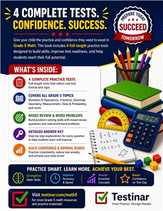 4 California CAASPP Grade 5 Math Practice Tests workbook back cover showing California CAASPP Grade 5 Math skills and answer support