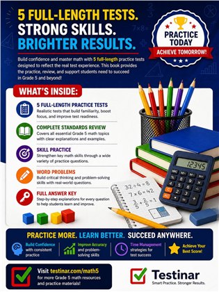 5 Michigan M STEP Grade 5 Math Practice Tests workbook back cover showing Michigan M STEP Grade 5 Math skills and answer support