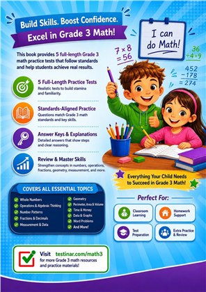 5 Wyoming WY TOPP Grade 3 Math Practice Tests workbook back cover showing Wyoming WY TOPP Grade 3 Math skills and answer support