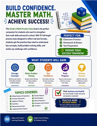 6 Louisiana LEAP Grade 3 Math Practice Tests workbook back cover showing Louisiana LEAP Grade 3 Math skills and answer support