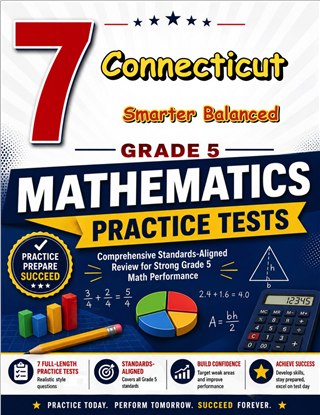 The Connecticut Smarter Balanced Grade 5 Math Practice Tests Bundle workbook image for standards-aligned Connecticut Smarter Balanced Grade 5 Math practice