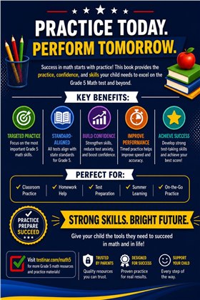 7 Florida FAST Grade 5 Math Practice Tests workbook back cover showing Florida FAST Grade 5 Math skills and answer support