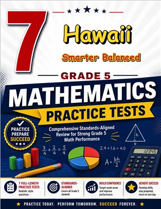 The Hawaii Smarter Balanced Grade 5 Math Practice Tests Bundle workbook image for standards-aligned Hawaii Smarter Balanced Grade 5 Math practice