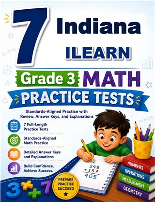 The Indiana ILEARN Grade 3 Math Practice Tests Bundle workbook image for standards-aligned Indiana ILEARN Grade 3 Math practice