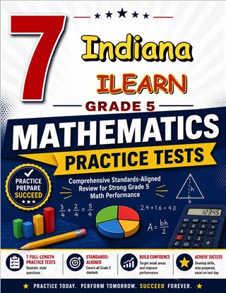 The Indiana ILEARN Grade 5 Math Practice Tests Bundle workbook image for standards-aligned Indiana ILEARN Grade 5 Math practice