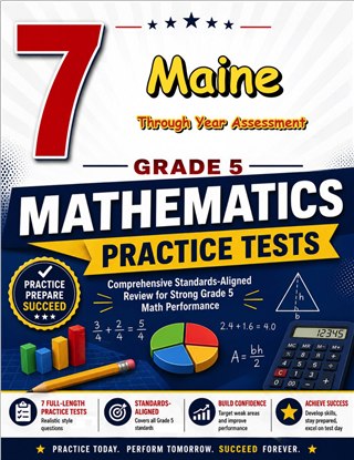 The Maine Through Year Assessment Grade 5 Math Practice Tests Bundle workbook image for standards-aligned Maine Through Year Assessment Grade 5 Math practice
