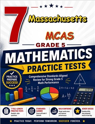 The Massachusetts MCAS Grade 5 Math Practice Tests Bundle workbook image for standards-aligned Massachusetts MCAS Grade 5 Math practice