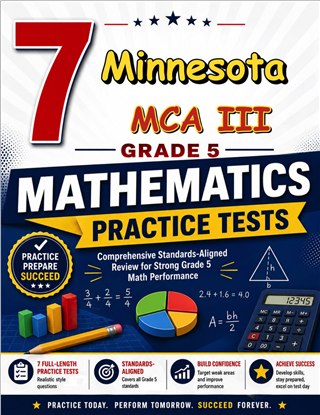 The Minnesota MCA III Grade 5 Math Practice Tests Bundle workbook image for standards-aligned Minnesota MCA III Grade 5 Math practice