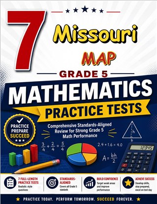 The Missouri MAP Grade 5 Math Practice Tests Bundle workbook image for standards-aligned Missouri MAP Grade 5 Math practice