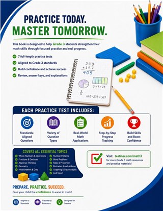 7 Nevada Smarter Balanced Grade 3 Math Practice Tests workbook back cover showing Nevada Smarter Balanced Grade 3 Math skills and answer support