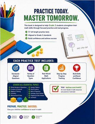8 Illinois IAR Grade 3 Math Practice Tests workbook back cover showing Illinois IAR Grade 3 Math skills and answer support