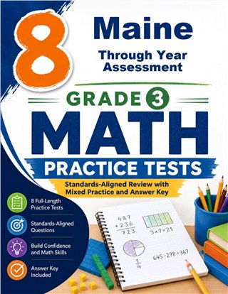 The Maine Through Year Assessment Grade 3 Math Practice Tests Bundle workbook image for standards-aligned Maine Through Year Assessment Grade 3 Math practice