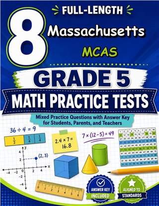The Massachusetts MCAS Grade 5 Math Practice Tests Bundle workbook image for standards-aligned Massachusetts MCAS Grade 5 Math practice