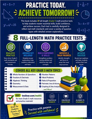 8 Oregon OSAS Grade 5 Math Practice Tests workbook back cover showing Oregon OSAS Grade 5 Math skills and answer support
