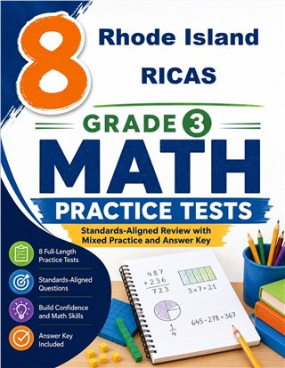 The Rhode Island RICAS Grade 3 Math Practice Tests Bundle workbook image for standards-aligned Rhode Island RICAS Grade 3 Math practice