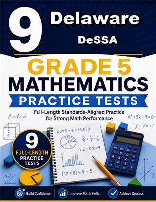The Delaware DeSSA Grade 5 Math Practice Tests Bundle workbook image for standards-aligned Delaware DeSSA Grade 5 Math practice