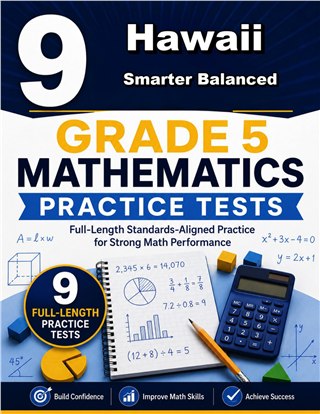 The Hawaii Smarter Balanced Grade 5 Math Practice Tests Bundle workbook image for standards-aligned Hawaii Smarter Balanced Grade 5 Math practice