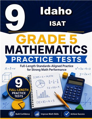 The Idaho ISAT Grade 5 Math Practice Tests Bundle workbook image for standards-aligned Idaho ISAT Grade 5 Math practice