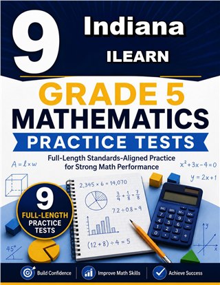 The Indiana ILEARN Grade 5 Math Practice Tests Bundle workbook image for standards-aligned Indiana ILEARN Grade 5 Math practice