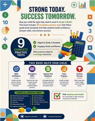 9 Michigan M STEP Grade 3 Math Practice Tests workbook back cover showing Michigan M STEP Grade 3 Math skills and answer support