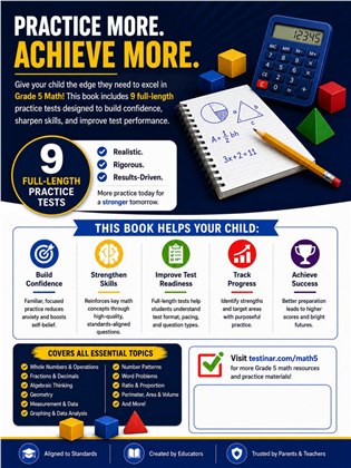 9 Virginia SOL Grade 5 Math Practice Tests workbook back cover showing Virginia SOL Grade 5 Math skills and answer support