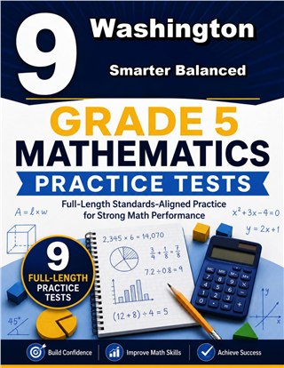 The Washington Smarter Balanced Grade 5 Math Practice Tests Bundle workbook image for standards-aligned Washington Smarter Balanced Grade 5 Math practice