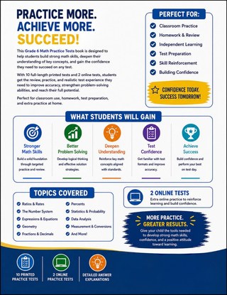 10 California CAASPP Grade 6 Math Practice Tests workbook back cover showing California CAASPP Grade 6 Math skills and answer support