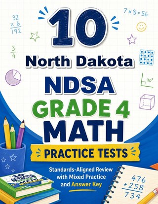 The North Dakota NDSA Grade 4 Math Practice Tests Bundle workbook image for standards-aligned North Dakota NDSA Grade 4 Math practice