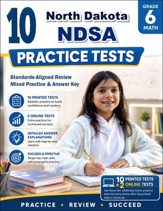 The North Dakota NDSA Grade 6 Math Practice Tests Bundle workbook image for standards-aligned North Dakota NDSA Grade 6 Math practice