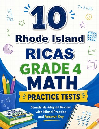The Rhode Island RICAS Grade 4 Math Practice Tests Bundle workbook image for standards-aligned Rhode Island RICAS Grade 4 Math practice