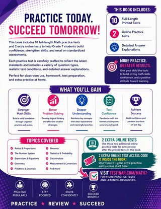 10 Texas STAAR Grade 7 Math Practice Tests workbook back cover showing Texas STAAR Grade 7 Math skills and answer support
