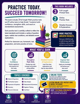 3 Hawaii Smarter Balanced Grade 7 Math Practice Tests workbook back cover showing Hawaii Smarter Balanced Grade 7 Math skills and answer support