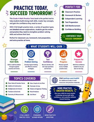 4 Utah RISE Grade 4 Math Practice Tests workbook back cover showing Utah RISE Grade 4 Math skills and answer support
