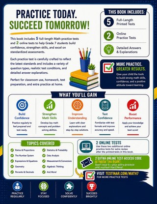 5 Montana MAST Grade 7 Math Practice Tests workbook back cover showing Montana MAST Grade 7 Math skills and answer support