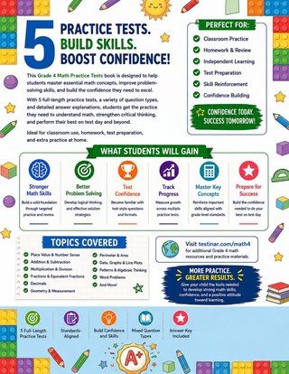 5 Washington Smarter Balanced Grade 4 Math Practice Tests workbook back cover showing Washington Smarter Balanced Grade 4 Math skills and answer support
