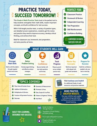 6 Hawaii Smarter Balanced Grade 4 Math Practice Tests workbook back cover showing Hawaii Smarter Balanced Grade 4 Math skills and answer support
