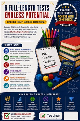 6 North Dakota NDSA Grade 5 Math Practice Tests workbook back cover showing North Dakota NDSA Grade 5 Math skills and answer support