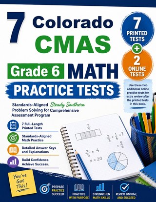 The Colorado CMAS Grade 6 Math Practice Tests Bundle workbook image for standards-aligned Colorado CMAS Grade 6 Math practice