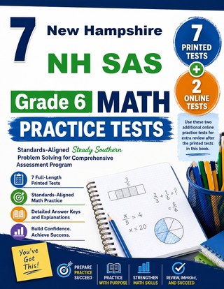 The New Hampshire NH SAS Grade 6 Math Practice Tests Bundle workbook image for standards-aligned New Hampshire NH SAS Grade 6 Math practice