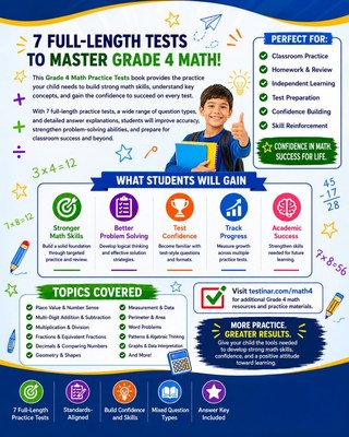 7 Virginia SOL Grade 4 Math Practice Tests workbook back cover showing Virginia SOL Grade 4 Math skills and answer support