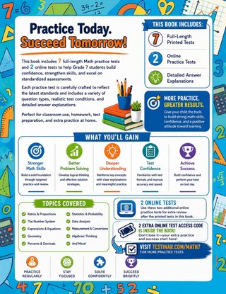 7 Virginia SOL Grade 7 Math Practice Tests workbook back cover showing Virginia SOL Grade 7 Math skills and answer support