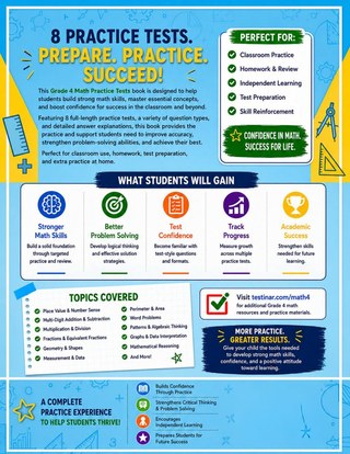 8 California CAASPP Grade 4 Math Practice Tests workbook back cover showing California CAASPP Grade 4 Math skills and answer support