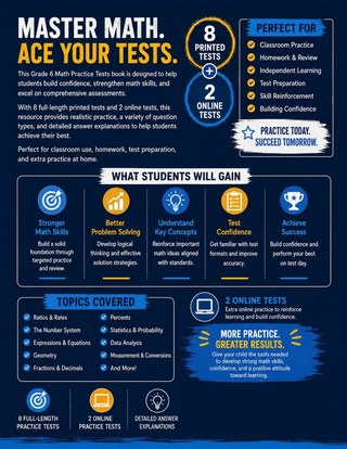 8 California CAASPP Grade 6 Math Practice Tests workbook back cover showing California CAASPP Grade 6 Math skills and answer support