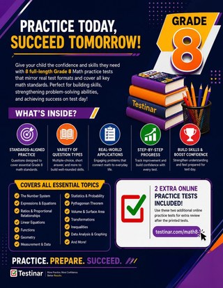 8 Kentucky KSA Grade 8 Math Practice Tests workbook back cover showing Kentucky KSA Grade 8 Math skills and answer support
