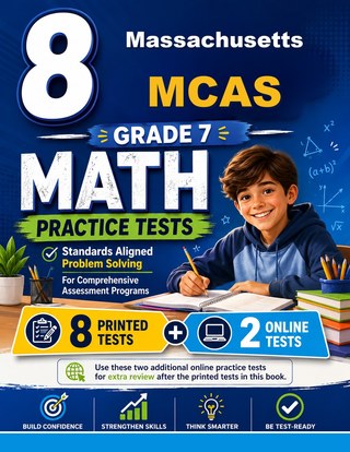 The Massachusetts MCAS Grade 7 Math Practice Tests Bundle workbook image for standards-aligned Massachusetts MCAS Grade 7 Math practice