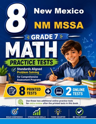 The New Mexico NM MSSA Grade 7 Math Practice Tests Bundle workbook image for standards-aligned New Mexico NM MSSA Grade 7 Math practice